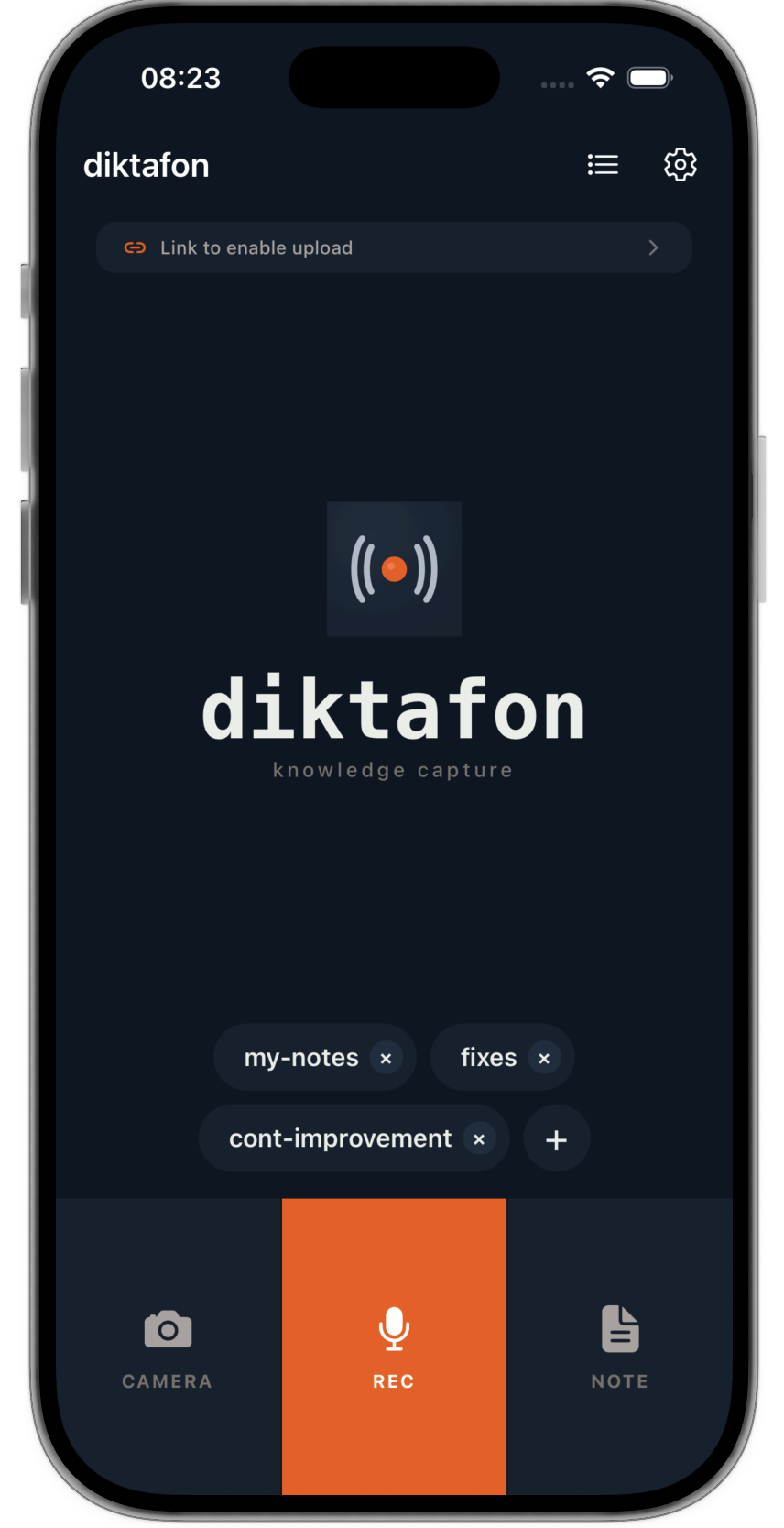 Diktafon app — home screen